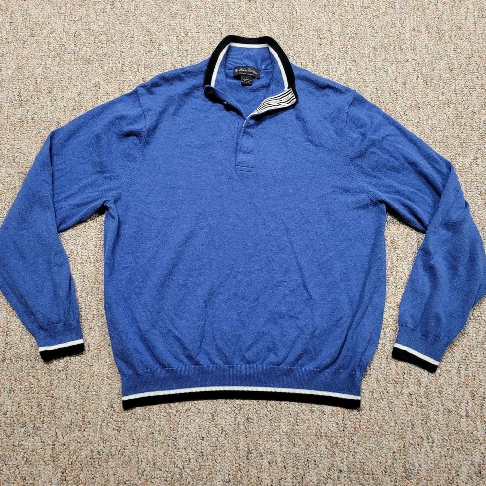 Brooks Brothers Sweater Mens Large Blue Supima Cotton Quarter Button Pullover